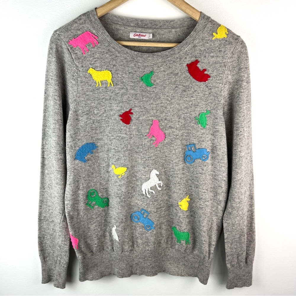 Cath Kidston Gray Wool Blend Sweater W/ Felt Farm Animals & Tractor Appliqués
